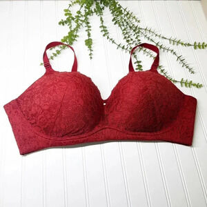 Torrid Curve Dark Red Lace Wire Free Push Up Plunge Bra Women's Plus Size 46DD
